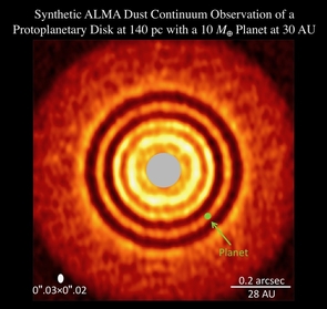 This image, generated by the computer model proposed in this study, simulates the evolution of a protoplanetary disk with one "super-Earth." It reveals similar features as the image of an actual disk such as HL Tauri observed with ALMA. (Image: Ruobing Dong) This image, generated by the computer model proposed in this study, simulates the evolution of a protoplanetary disk with one "super-Earth." It reveals similar features as the image of an actual disk such as HL Tauri observed with ALMA. (Image: Ruobing Dong)
